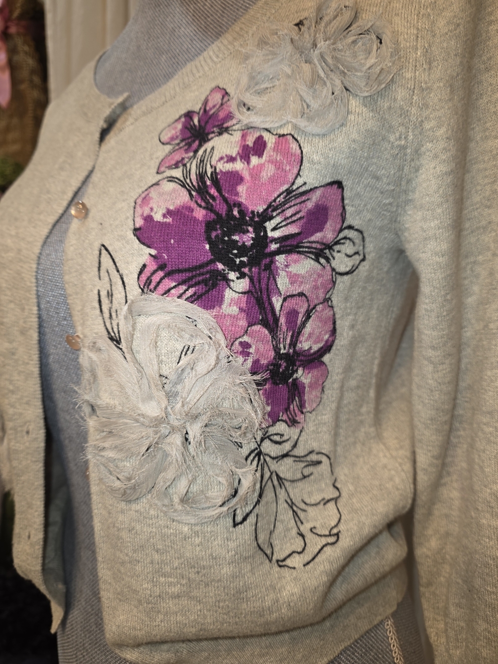 LC Lauren Conrad Light Gray Cardigan with Purple/Pink Floral Appliqués